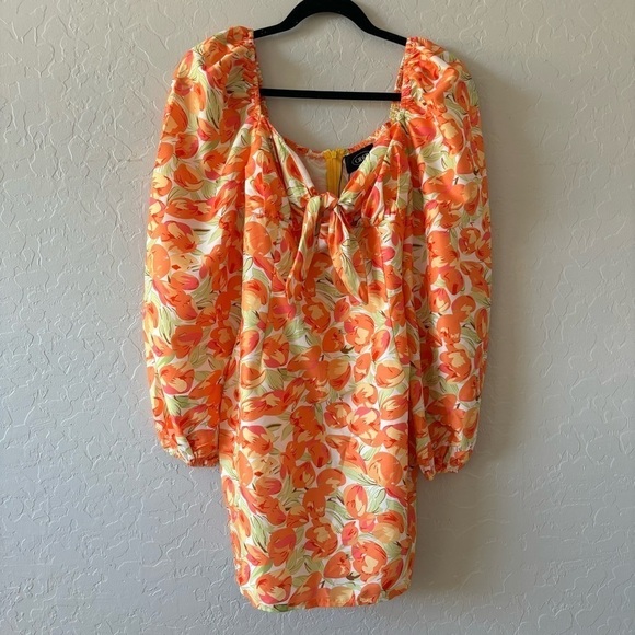 Cider Orange Floral Long Puff Sleeve Tie Front Mini Dress Resort Vacation Size S - Picture 4 of 12